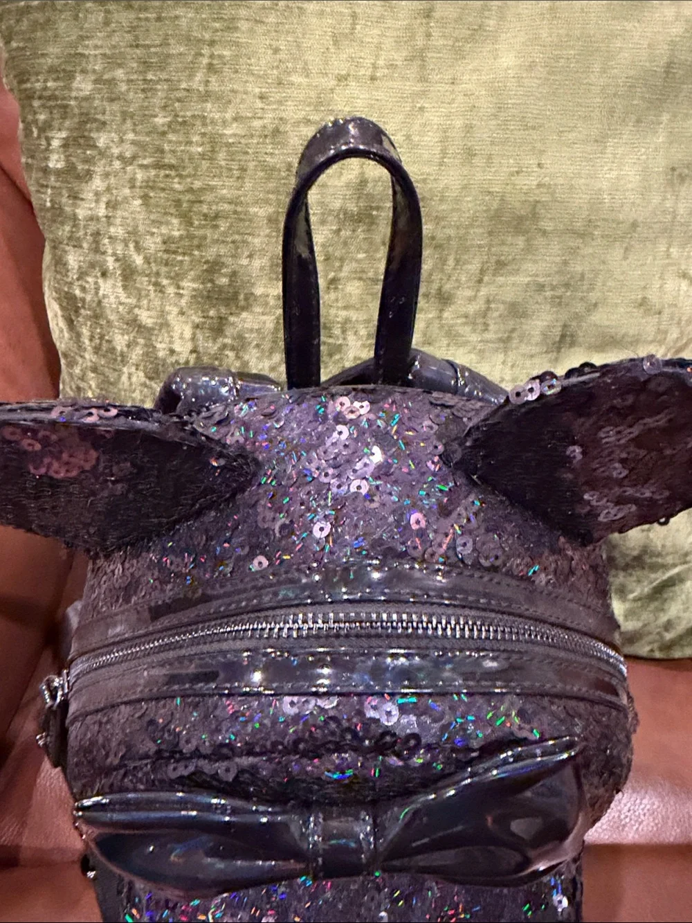 Disney Black Holographic Sequin Minnie Ears Backpack with Black Bow and Straps